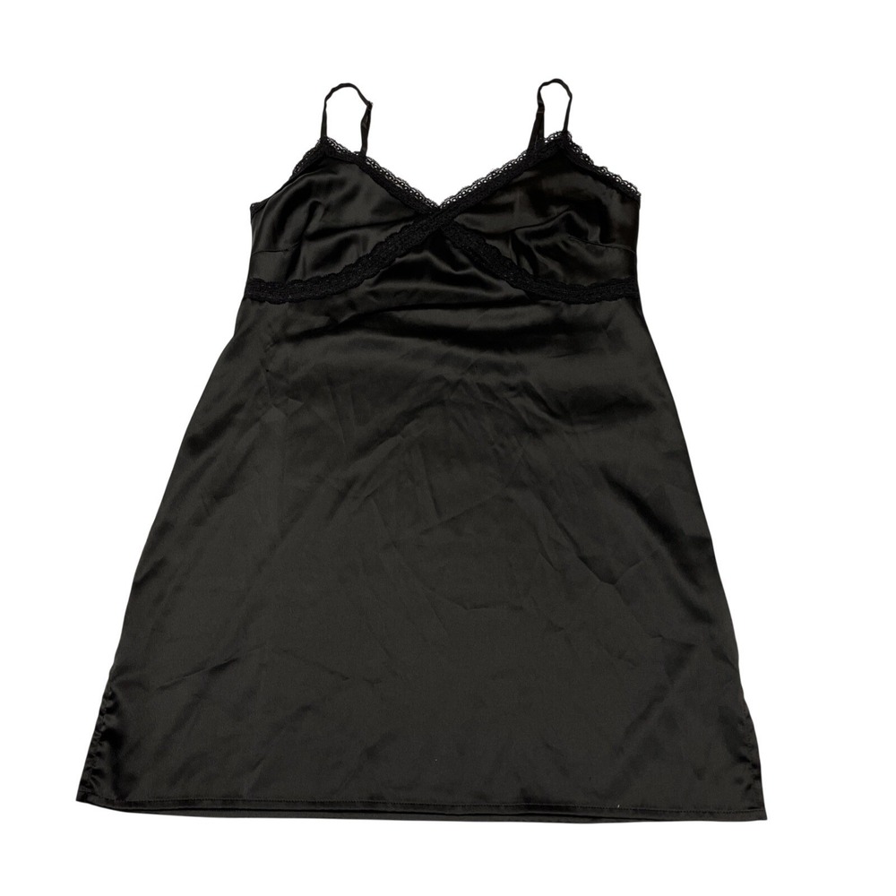 Black Satin Y2K Slip Dress Lace Trim Mini Size XS‎ Event Whimsigoth Fairy Grunge - Picture 6 of 11